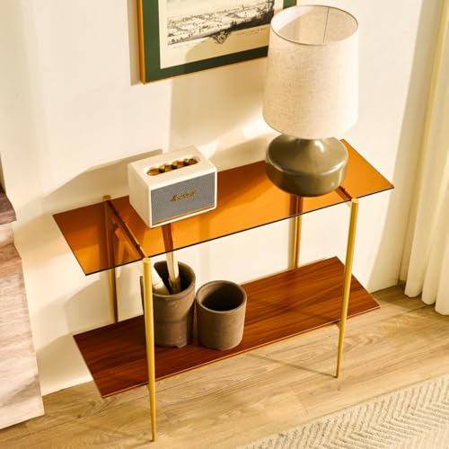 Saint Mossi 2-Tier Brown Console Table for Living Room, Modern Narrow Entryway Table, Glass Sofa Table for Hallway, Foyer, Corridor, Office, Brown Glass Top & Gold Frame, D41×H31xW13 SM Saint Mossi
