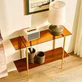 Saint Mossi 2-Tier Brown Console Table for Living Room, Modern Narrow Entryway Table, Glass Sofa Table for Hallway, Foyer, Corridor, Office, Brown Glass Top & Gold Frame, D41×H31xW13 SM Saint Mossi