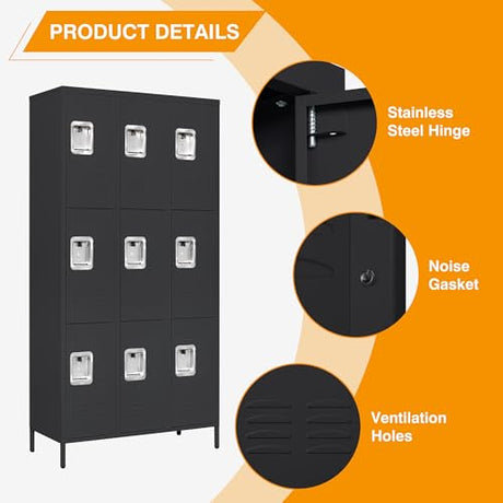 Letaya Metal Lockers for Employees-9 Door Storage Locker with Shelves and Lockable Steel Cabinet for School,Gym,Office,Staff(Black, 9 Door) Letaya