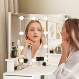 Fameill Corner Vanity Desk with Mirror and Lights, Makeup Vanity Table with Charging Station, Corner Vanity with 4 Drawers and Shelves, 3 Lighting Modes, Brightness Adjustable, for Women Girls Fameill