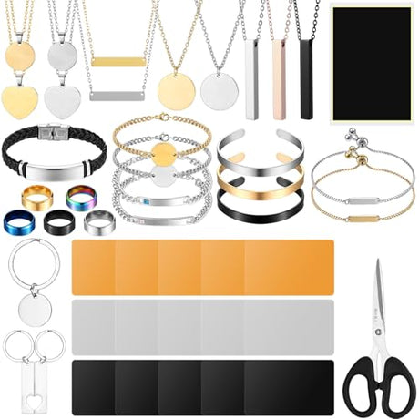 Quelay 47 Pcs Laser Engraving Blanks Jewelry Blanks for Laser Engraving Include Necklace Bracelet Ring Keychain Pendant with Scissors Marking Paper for Gift Making DIY Crafting Supplies Quelay