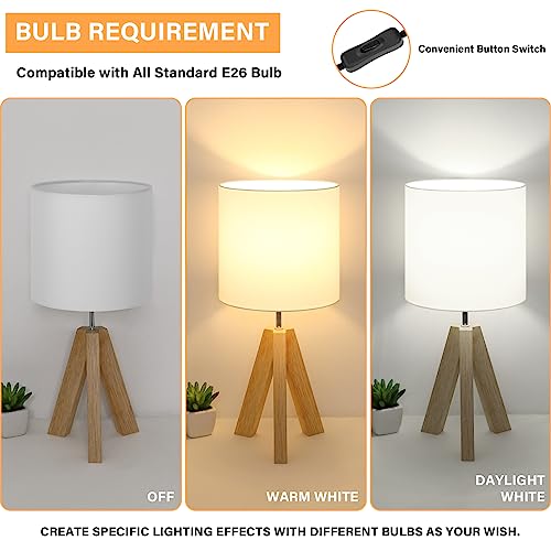 Small Beside Table Lamp, Wood Tripod Table Lamp with White Fabric Shade, Cute Boho Nightstand Lamp, Minimalist Desk Lamp for Bedroom Living Room Nursery Kids Room Office Dorm, Bulb Not Included Brightever