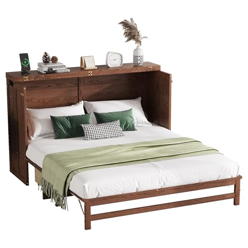 KALALLA Queen Size Murphy Cabinet Bed with Large Storage Drawers and USB Charging Station, Cube Murphy Chest Dresser Foldable Bed, Space Saving for Bedroom, Home Office, Walnut KALALLA