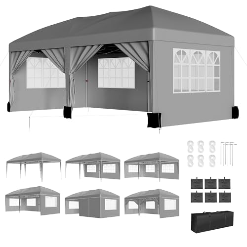 10X20Ft Pop Up Wedding Party Tent with 6 Sidewalls - Heavy Duty Commercial Outdoor Canopy, Waterproof Gazebo Canopy Tent, Canopy All Season with Storage Bag, Gray KOKEBREN