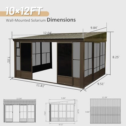 Domi 10x12FT Wall Mounted Sunroom, Against Wall Solarium with Galvanized Steel Sloping Roof, Detachable PVC Screen, Lockable Sliding Door, Lean-to Gazebo Sun Room for Patio Deck