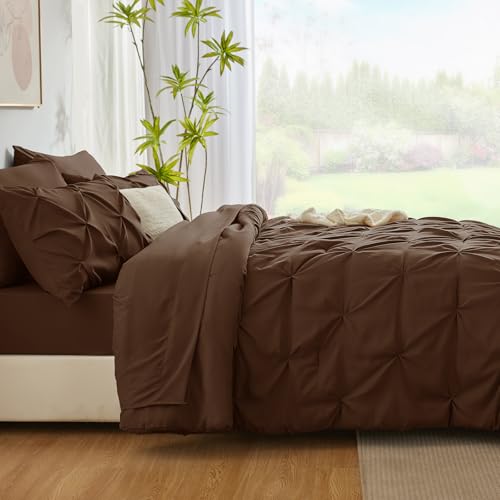 CozyLux Full Size Comforter Sets Brown, 7 Pieces Pintuck Bed in A Bag Brown Comforter Full Size, Pinch Pleat Bedding Sets with All Season Comforter, Sheets, Pillowcases & Shams