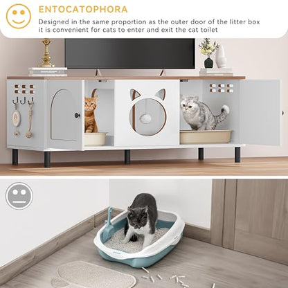 YITAHOME Cat Litter Box Enclosure for 2 Cats, Hidden Litter Box Furniture with Double Rooms, Scratching Pad, Pompom,Hanging Hooks, Wooden Cat House, 47.2" L x17.7 W x20.4 H, White and Rustic  - WoodArtSupply