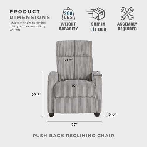 Lexicon Corduroy Pushback Recliner Chair Armchair Push Back Recliner, Solid Wood Frame and Metal Base, Easy Assembly Small Soft Single Sofa Accent Chair for Living Room/Office/Apartment, Light Grey