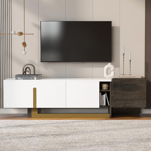 Merax 66.7 inch Modern TV Stand for TVs up to 70 Inches, Light Luxury TV Cabinet with Storage, 1 Drawer 2 Cabinets Television Stands with Metal Legs, Entertainment Center for Living Room, White Merax