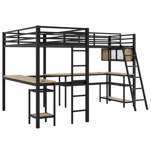 LUMISOL Twin Size Double Loft Bed with LED and Storage Shelves, Metal L-Shaped Loft Bed with 2 Built-in Desks and 2 Charging Stations, Black LUMISOL