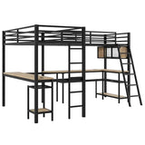 LUMISOL Twin Size Double Loft Bed with LED and Storage Shelves, Metal L-Shaped Loft Bed with 2 Built-in Desks and 2 Charging Stations, Black LUMISOL