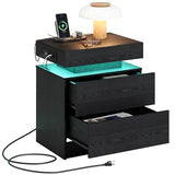 LIKIMIO Night Stand with Charging Station, Modern Black Nightstand with LED Light and Drawers, Bedside Tables/End Table for Bedroom LIKIMIO