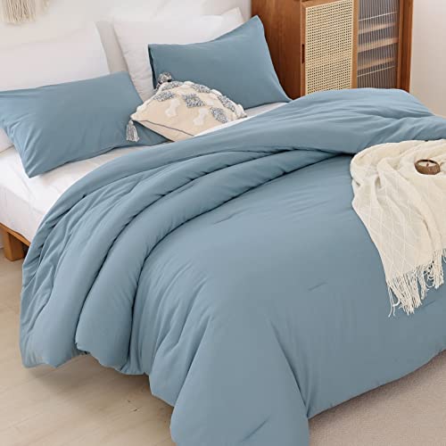 ROSGONIA Dusty Blue Comforter Set Queen, 3pcs(1 Boho Blue Comforter & 2 Pillowcases) All Season Soft Bedding Lightweight Bedspread Blanket Quilt ROSGONIA