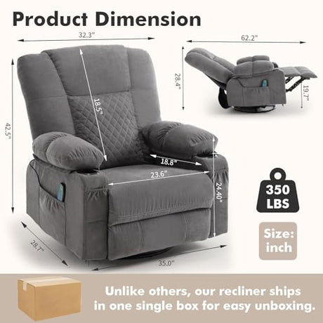 Overstuffed Fabric Swivel Rocker Recliner with Massage and Heat,360° Recliner Chair Rocking Glider Chair with Cup Holder for Adult,Grey Comermax