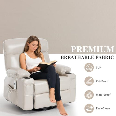 Comermax Rocking Recliner with Heat and Massage, Wide Seat Heated Massaging Reclining Chair for Home Theater, Faux Leather Manual Swivel Rocker Recliner Chair with Cup Holder for Adult, Beige Comermax