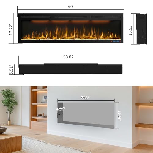 60 inches Electric Fireplace, Recessed and Wall Mounted Fireplace Heater and Linear Fireplace Inserts, with Timer, Remote Control, Adjustable Flame & Light Colors, 750W/1500W, Black Dreamflame