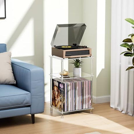 Bekugee Clear Acrylic Record Player Stand with Vinyl Storage, 15.75" L x 11.81" W x 24.5" H, 3 Tier Small Side Turntable Table with Album Shelf, Modern Bedside End Table for Living Room, Bedroom Bekugee