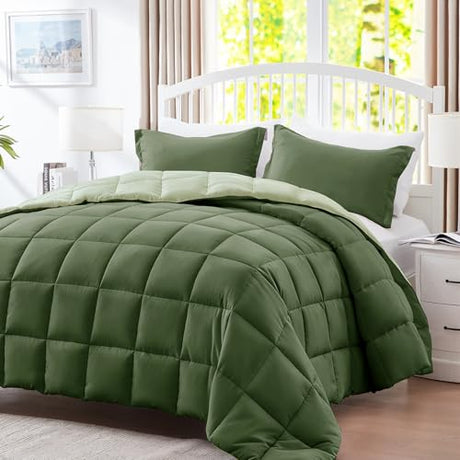 SunStyle Home King Size Comforter Set - 3 Pieces Box Stitched Reversible Comforters King Size, Lightweight Bedding Sets with 1 Down Alternative Comforter and 2 Pillow Shams for All Seasons,Green SunStyle Home