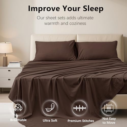 USXIBEI Full Size 4 Piece Sheet Set - Hotel Luxury Bedding for Full Size Bed - Soft and Breathable Bed Sheets Set - Deep Pocket Sheets,Wrinkle & Fade Resistant(Full, Dark Brown) USXIBEI