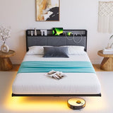 HOMERECOMMEND Full Size Bed Frame with LED Lights and Headboard Storage and Charging Station,Full Floating Bed Frame with Heavy Duty Metal Slats,Easy Assembly, Black and Gray HOMERECOMMEND