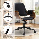 Mid Century Modern Home Office Chair,Ergonomic U-Shape Mid Back Executive Chair,Adjustable Height Swivel Computer Chair with Walnut Finish & PU Leather,Accent Chairs for Study Bedroom Workspace(Black) Soxiar