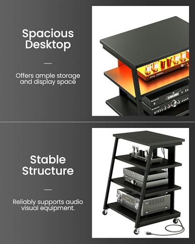 CHOEZON 4-Tier AV Media Stand with Wheels, Stereo Stands, Media Console Shelf with Power Strips, LED Lights, Wooden Audio Cabinet Rack Tower for Record Player/Apple TV/ps4, Black TCJ60UDBB CHOEZON