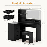 YESHOMY Vanity Desk with Lights and Mirror, L Shaped Makeup Table, Dresser with Hairdryer Holder and Power Outlet, Adjustable 3 Lighting Modes, 5 Drawers and Adjustabled Open Storage Shelves, Black YESHOMY