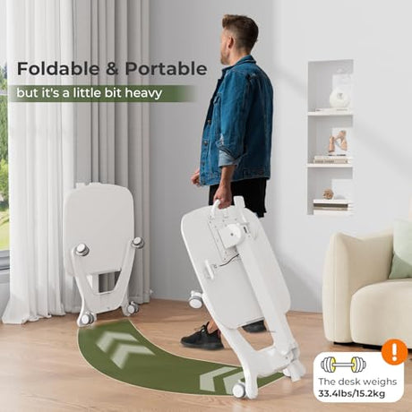 JYLH JOYSEEKER Foldable Mobile Standing Desk, 27"×21" Portable Rolling Laptop Cart with 90° Tiltable Board, Height Adjustable Workstation with Wheels, Folding Table for Home Office, White JYLH JOYSEEKER