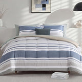 Monbix Full Size Comforter Set - 7 Pieces Bed in a Bag Full, Ocean Blue-Stripe Bedding Sets, All Seasons Comforter Bed Set with Sheets, Pillowcases & Shams Monbix