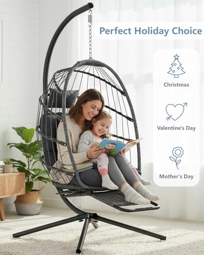 SWITTE Egg Chair Outdoor with Footrest & Stand, Indoor Wicker Hanging Egg Swing Hammock Chair with Cushion for Patio, Bedroom, Garden - Dark Gray SWITTE