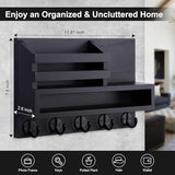 Lucundm Key and Mail Holder Wall Mount, Key Hanger with Long Storage Box and 5 Hooks for Coat, Dog Leash, Home Decor Rack, House Accessories, Entry Way Organizer 11.8”W x 7.8”H x 3.2”D Lucundm