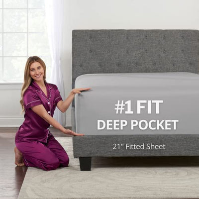 XL Twin Sheets Deep Pockets Fitted – Twin XL Fitted Sheets Only – 21” Fitted Sheets Perfectly Fit 17”–23” Deep Mattress & Toppers – Lovely Joyful Feel – 1 Bottom Sheet Extra Long Twin Size – Calm Grey