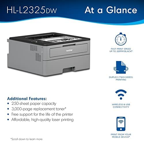Brother HL-L2325DW Monochrome Laser Printer - Wireless Networking & Duplex Printing (2-Sided Printing), 26ppm, Mobile Printing + Printer Cable Brother