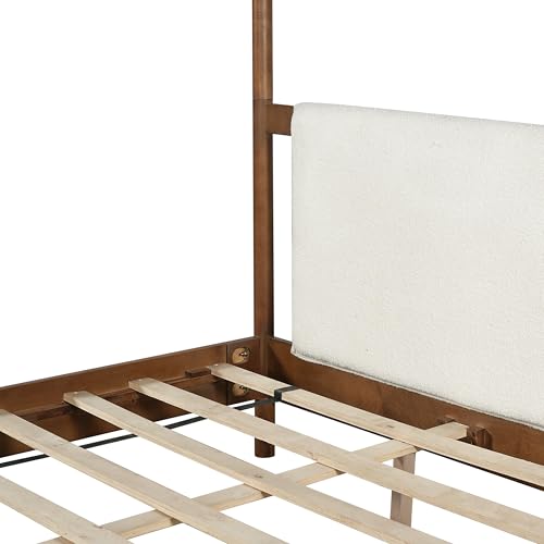 Christopher Knight Home Rotie King Size Canopy Bed Frame, Boucle Upholstered King Size Bed Frame with Headboard, King Platform Canopy Bed, Wooden Slats Support, No Box Spring Needed, White+Brown
