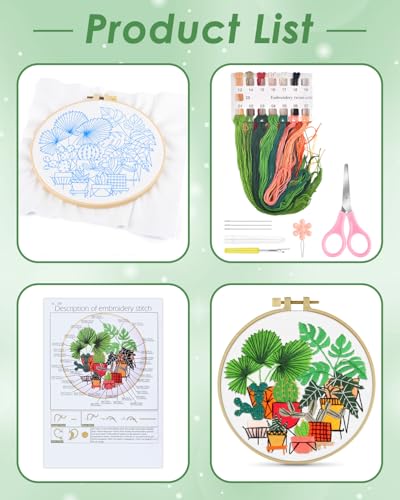 ERKOON Embroidery Kit for Beginners, Flower Cross Stitch Set for Include Embroidery Cloth Hoops Threads for Craft Lover Hand Stitch with Embroidery Skill Techniques (Greenery) ERKOON