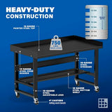 Borroughs® 60" Rolling Adjustable Workbench, 12-Gauge Steel Heavy-Duty Workstation w/Bottom Shelf & Edge Guards, 750 LBS Load Capacity Worktable for Borroughs