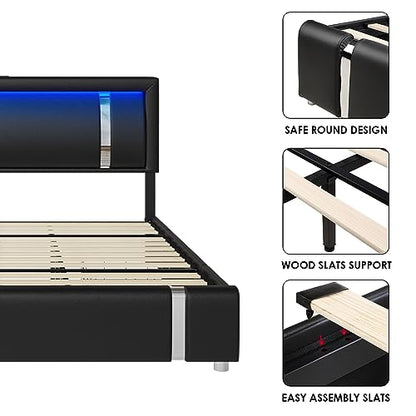 Keyluv Modern King Size Bed Frame with RGB LED Lights, USB Ports & Storage Drawers in Black - WoodArtSupply