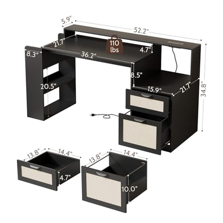 Vividwood Farmhouse Computer Desk with Drawers and Power Outlets, 60” Home Office Desk with Adjustable File Drawer, Cat Scratching Pad, Printer Stand, Shelves & Monitor Riser, Black Vividwood