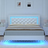 BarnFurin Floating Bed Frame with LED Lights, Upholstered Platform Bed with Diamond Tufted Headboard (White, Full) BarnFurin