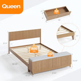 VINGLI Fluted Queen Bed Frame with Wingback Headboard and Footboard Storage Bench, Boho Wooden Single Platform Panel Bed with 4 Drawers,Mid-Century Modern Sleign Bed,Oak VINGLI