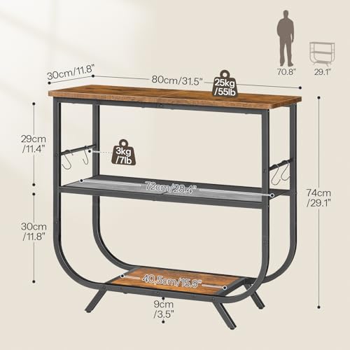 HOOBRO 3 Tier Small Console Table, 31.5" Entryway Table with Storage Shelf, Narrow Sofa Table, Behind Couch Table, Hallway Table with S-Hooks, for Living Room, Rustic Brown and Black BF63XG01 HOOBRO