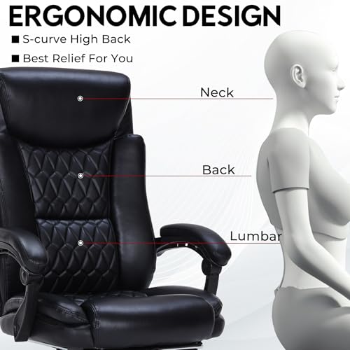 400lbs Reclining Executive Office Chair with Foot Rest, Big and Tall Ergonomic Office Chair, Home Office Desk Chairs for Heavy People (Black) TUORUI