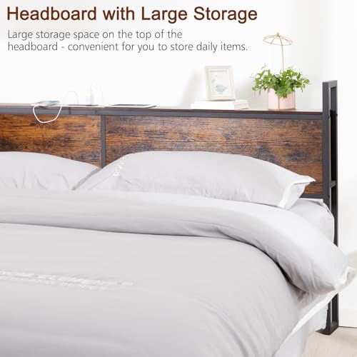 LOAKEKEL King Headboard, King Size Headboard Only with Outlets and USB Ports, Adjustable Height, Wood Platform Bed Headboard with Storage Rack,Rustic Brown HB091BR - WoodArtSupply