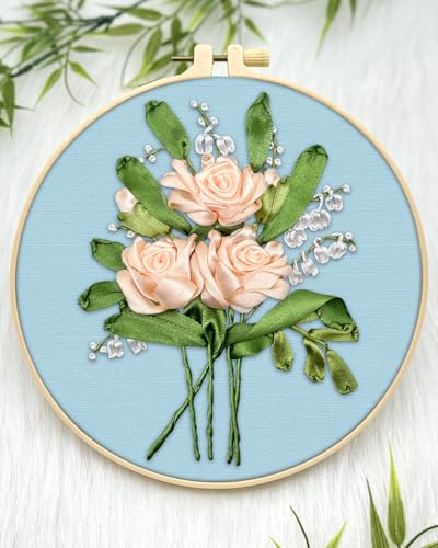 ERKOON Embroidery Kit for Beginners, Silk Ribbon Flower Cross Stitch Set for Include Embroidery Cloth Hoops Threads for Craft Lover Hand Stitch (Flowery) ERKOON