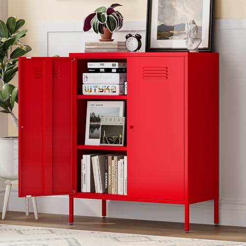 LINGZOE Red Metal Locker Storage Accent Cabinets with 2 Adjustable Shelves, 3 Tier Metal Storage Cabinet with Legs, Steel Cupboard Lockers for Kids Bedroom, Home, Office, Entryway, Kitchen LINGZOE