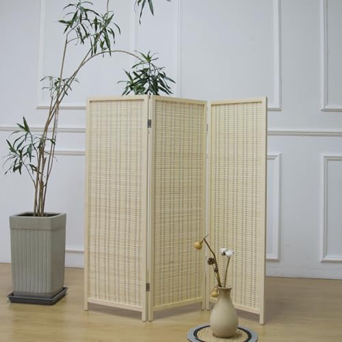 Furnnylane 3 Panel Short Room Divider Screen,Beige Freestanding Partition,Small Bamboo Panel Divider for Room Seperation,3.95 FT Tall Furnnylane