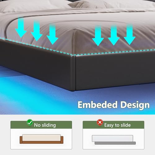 Dnxao California King Bed Frames with Hidden Storage Headboard, Modern Floating Bed Frame with LED Lights & Charging Station (USB-C), Recessed Non-Slip Platform Bed No Box Spring Needed, PU Black Dnxao