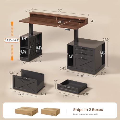 SEDETA Farmhouse Electric Standing Desk, 55" Height Adjustable Computer Desk with 3 Drawers, File Cabinet, Storage Shelves, Power Outlets, Wood Home Office Desk for Work, Study, Writing, Black SEDETA