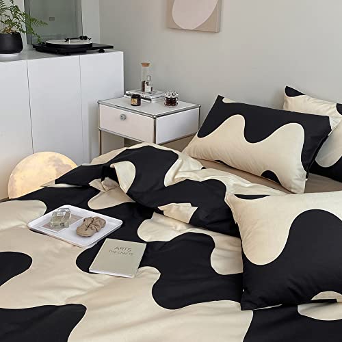 LAYENJOY Geometric Duvet Cover Set Twin, 100% Cotton Bedding, Cream White Black Cows Pattern Printed, Modern Comforter Cover for Single Bed, 3 Piece No Comforter LAYENJOY