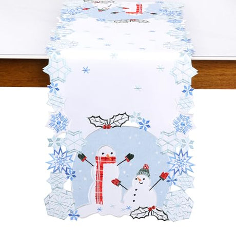 Christmas Table Runner 36 inches Long Snowman Snowflake Blue White Embroidered Dinning Table Decorations Winter Holiday Xmas YINFUNG